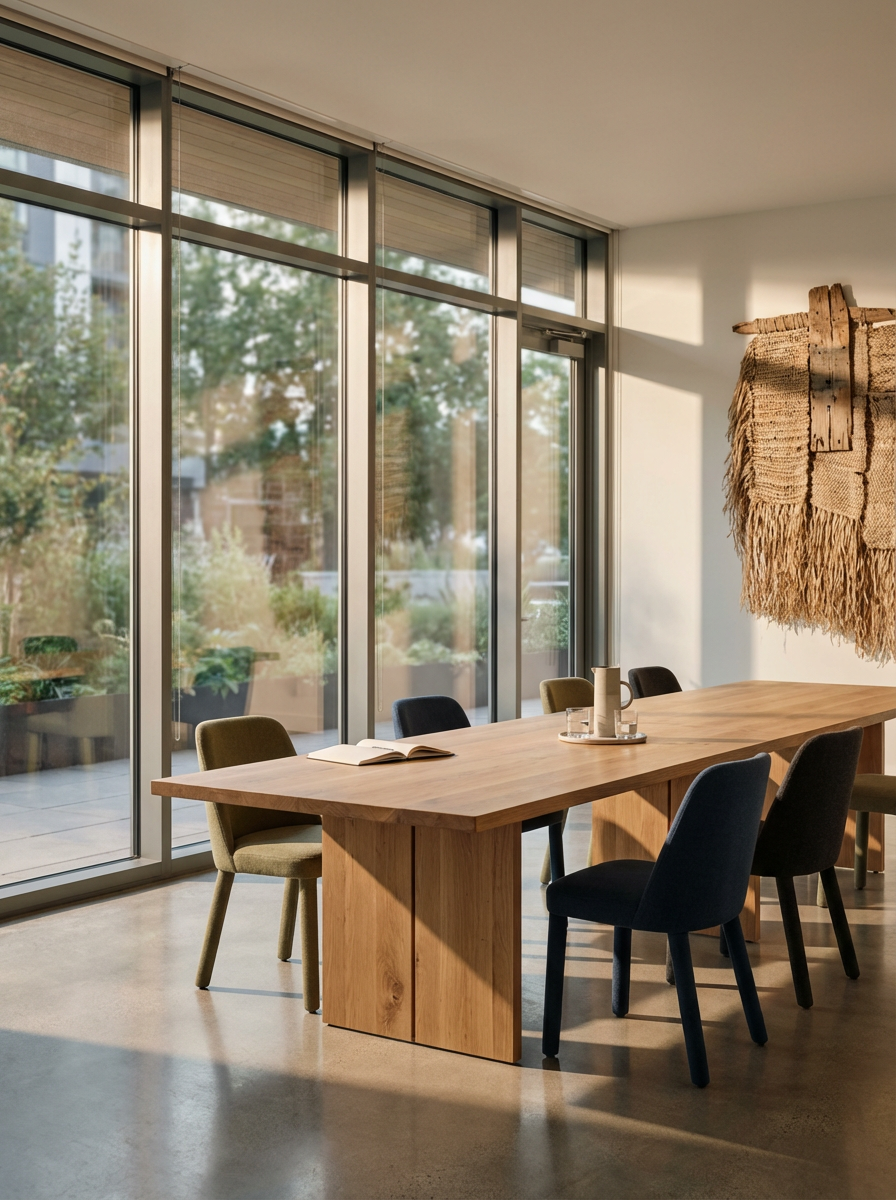 Modern dining room with a large wooden table surrounded by six chairs in green, black, and tan colors. Large floor-to-ceiling windows with sunlight streaming in, and plants visible outside. A woven textile wall hanging decorates the white wall.