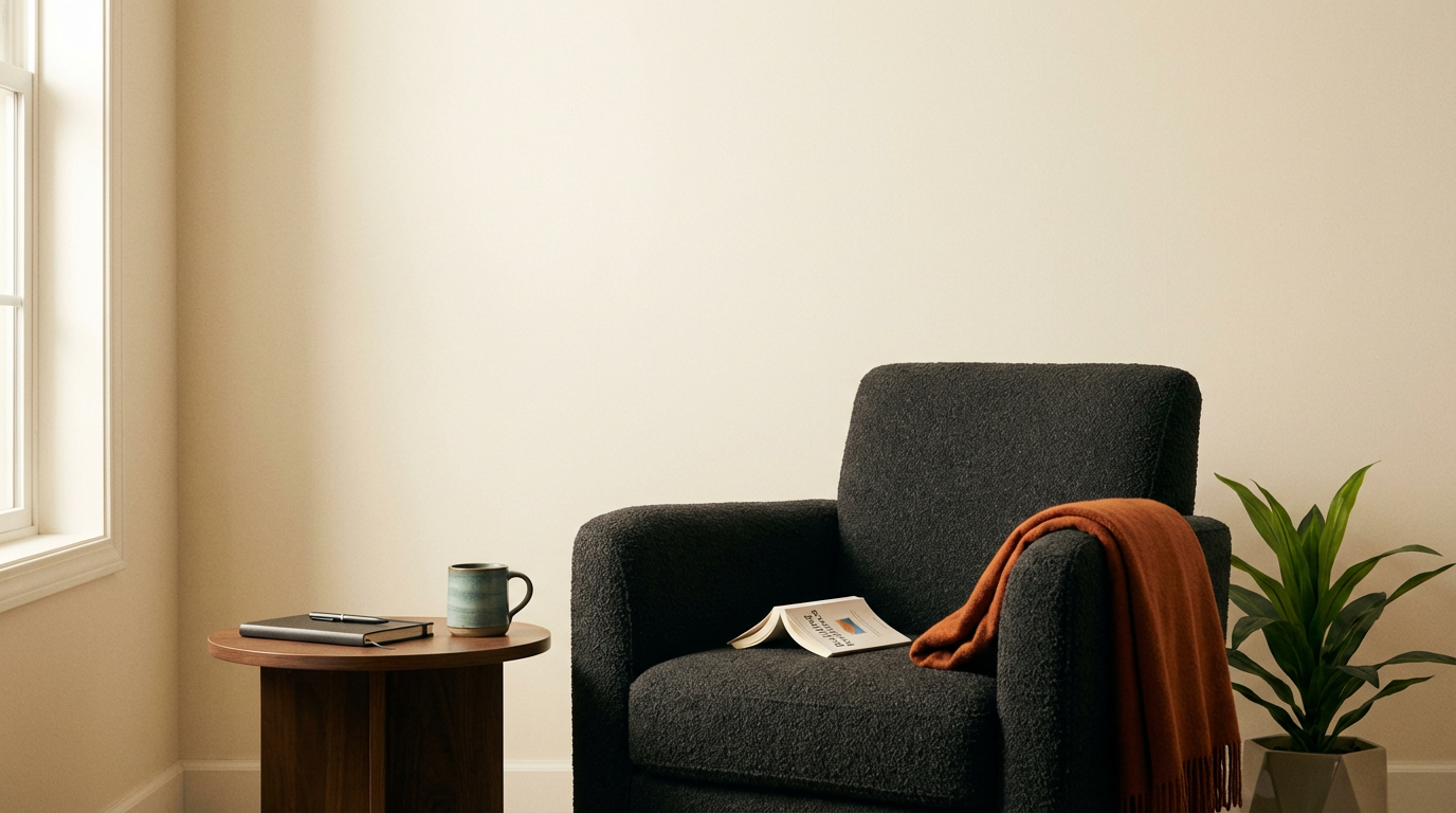 A cozy reading corner with a black armchair, an orange throw blanket draped over the armrest, a wooden side table with a mug, a notebook, and a pen, and a potted green plant against a beige wall, near a window.