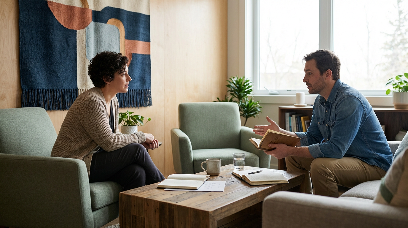 A woman and a man are having a serious conversation in a cozy living room, sitting on separate sofas across a wooden coffee table. The woman is listening attentively, holding her phone, while the man, holding a book, gestures with his hands. The room has a large window, green plants, and abstract wall art.
