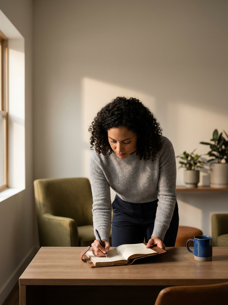A woman with curly hair standing at a wooden table, writing in an open notebook with a black pen. There is a blue mug on the table, and the room has beige chairs and potted plants in the background, with sunlight coming through the window.
