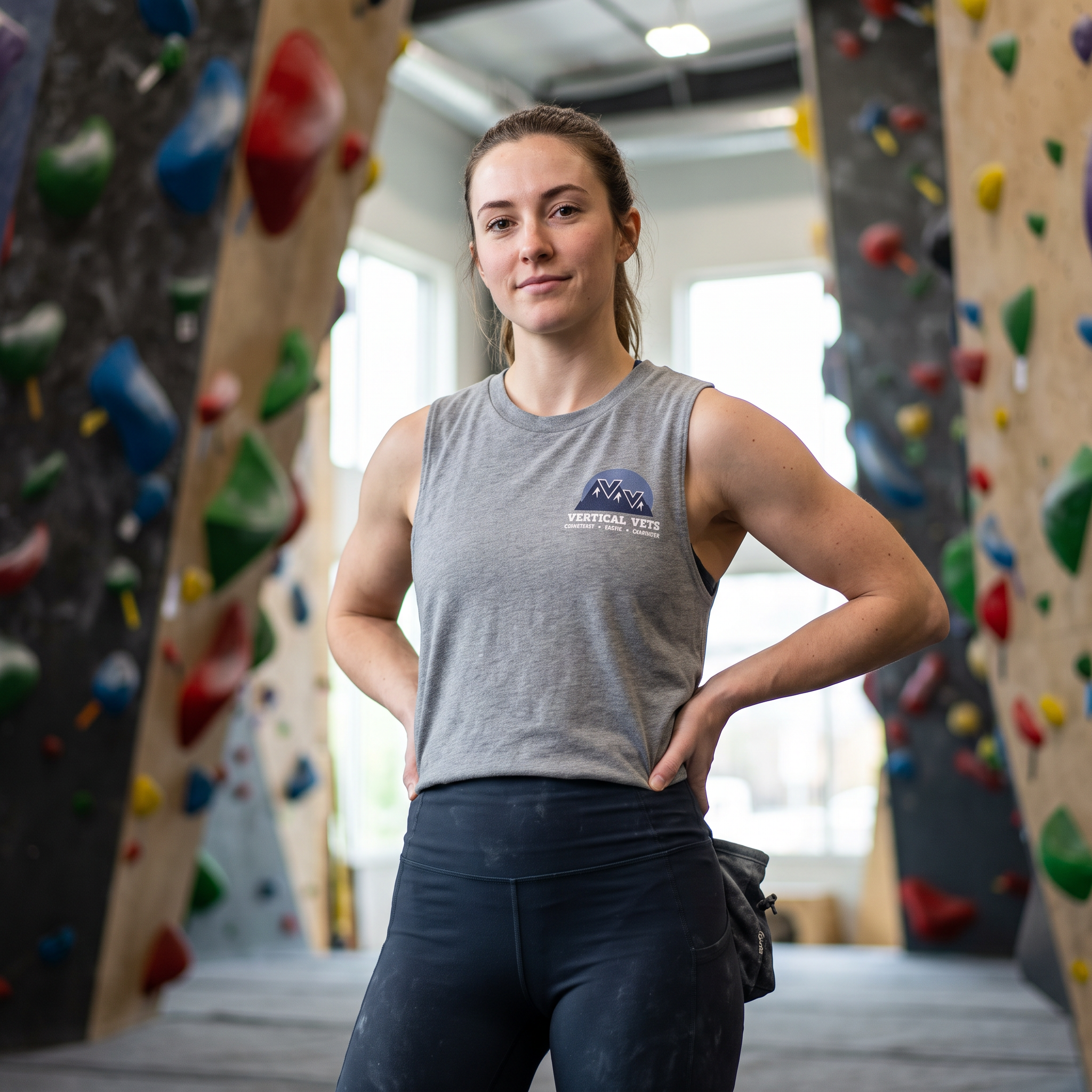 A young woman with light brown hair tied back, wearing a gray sleeveless shirt with the logo 'Vertical Vets' and black climbing pants, stands in an indoor rock climbing gym. She is smiling slightly and looking confidently at the camera, with climbing