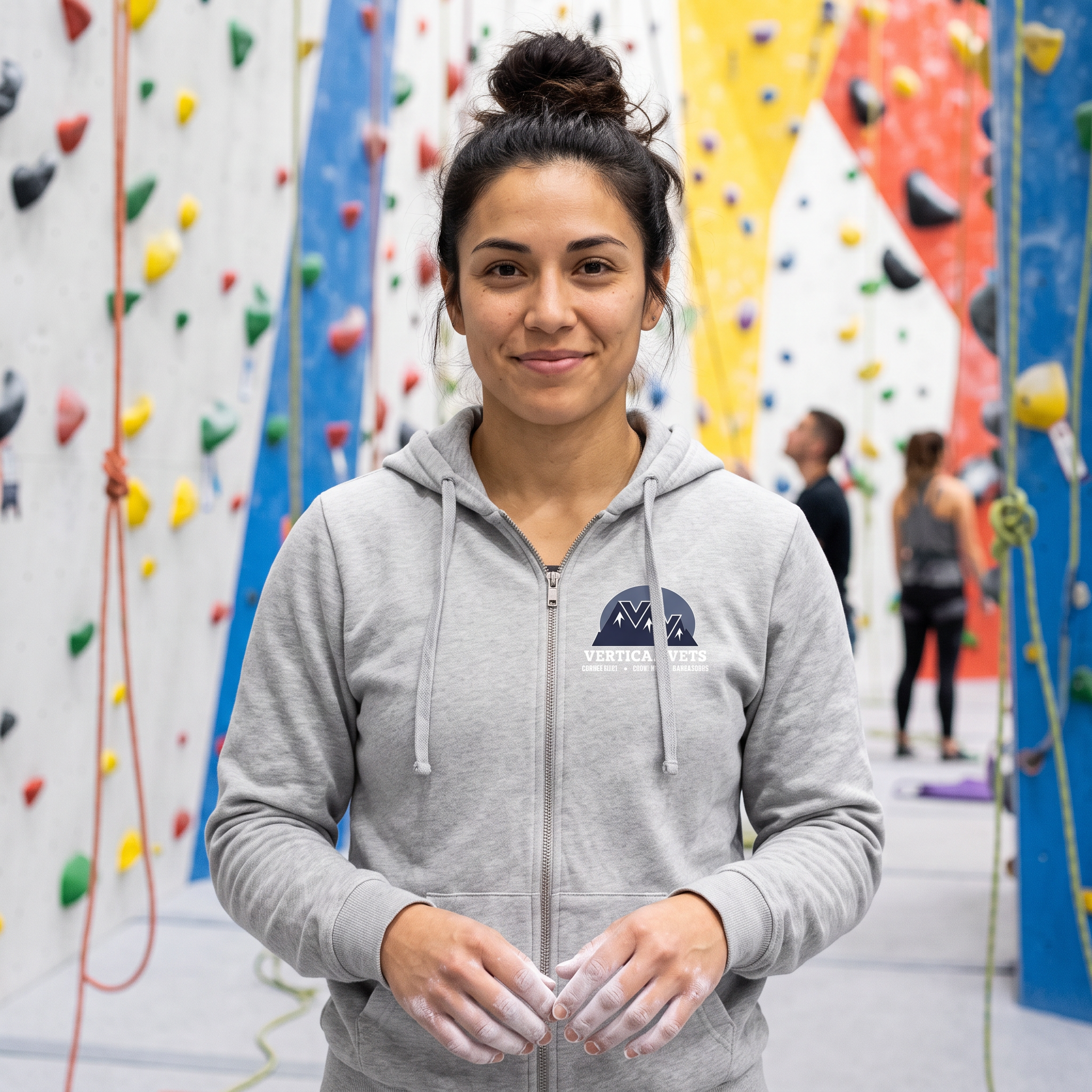 Young woman with dark hair in a messy bun, wearing a light gray zip-up hoodie with a logo on it, standing in front of a colorful rock climbing wall, preparing to put on climbing chalk.