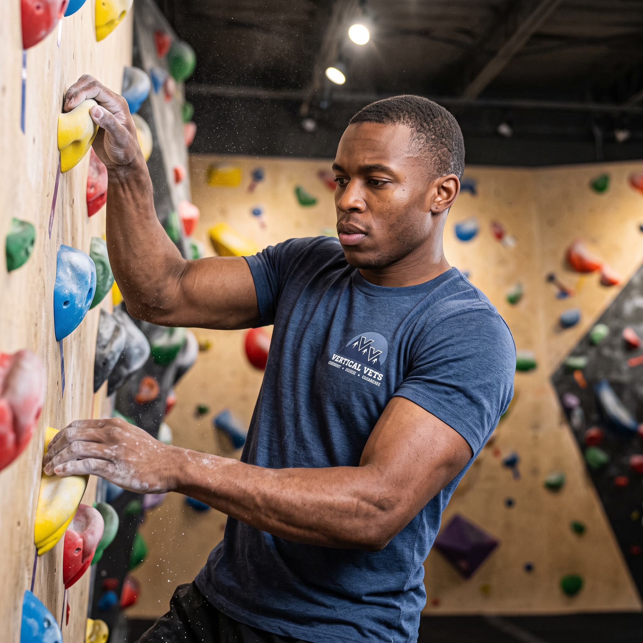 A man practicing indoor rock climbing on a colorful climbing wall with holds in various colors.