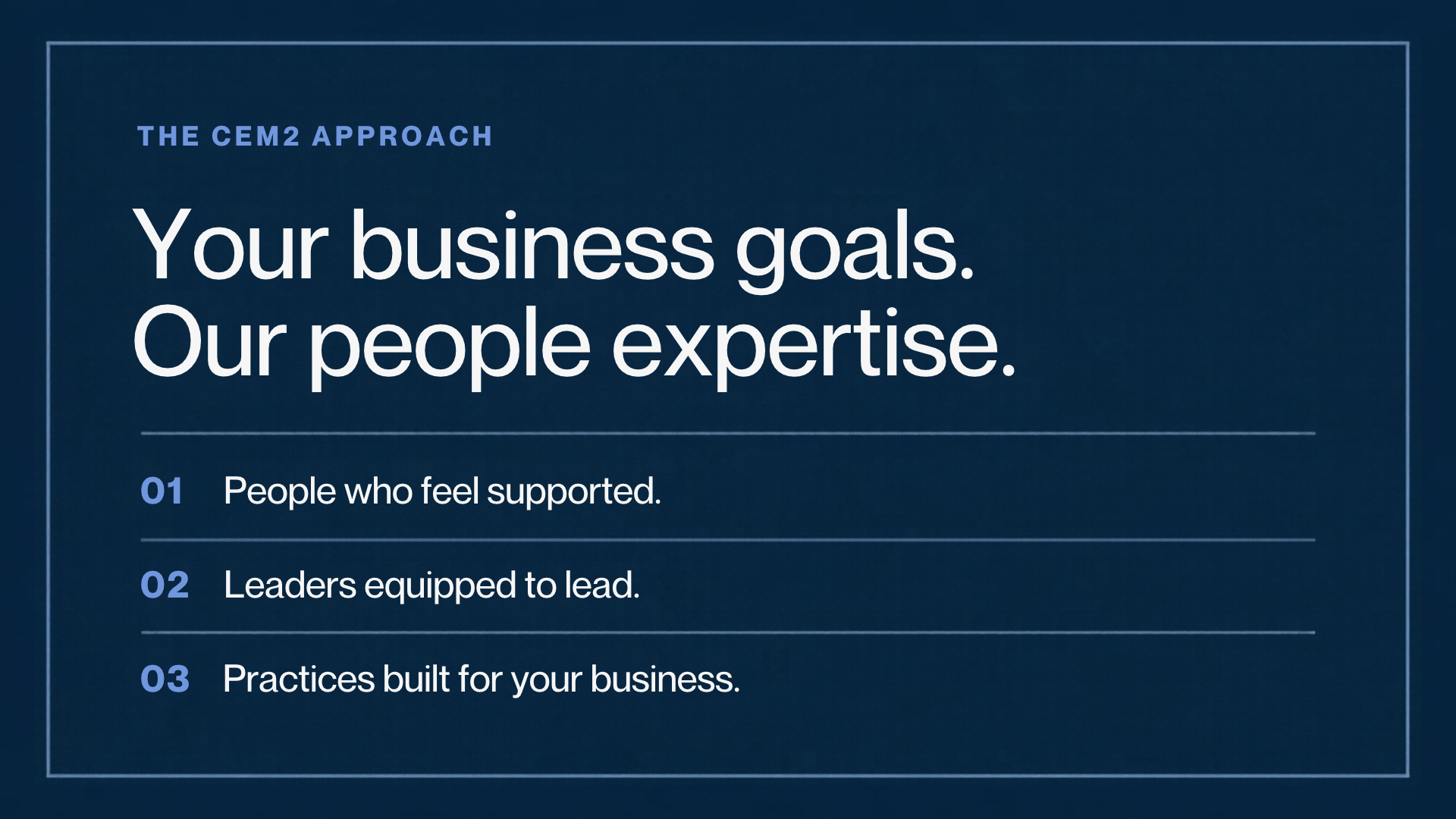 A presentation slide titled 'The CEM2 Approach' with the main message 'Your business goals. Our people expertise.' and three numbered points: 1) People who feel supported, 2) Leaders equipped to lead, 3) Practices built for your business.