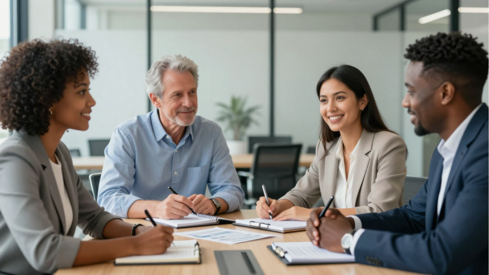 Four professionals sitting around a conference table, smiling, and engaging in discussion with notebooks and pens.