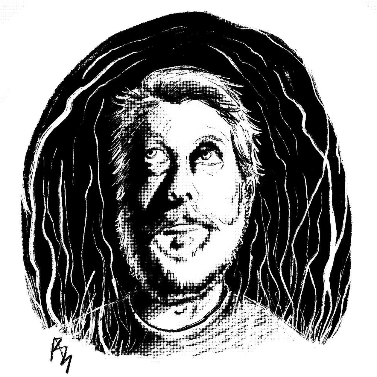 Black and white sketch of a man with shoulder-length hair, a beard, and mustache, looking upward, with lines radiating around his head.