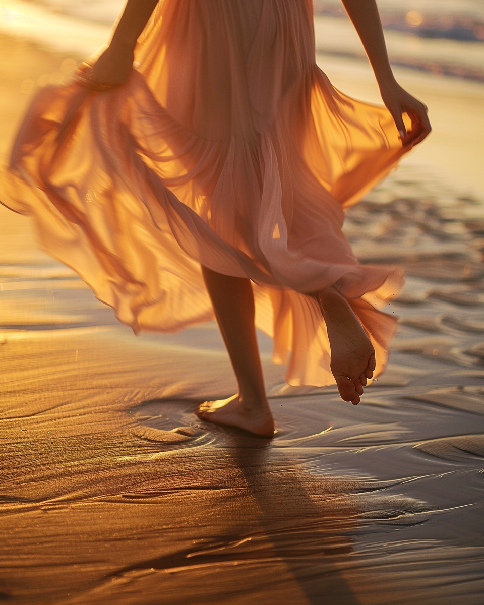 A person walking barefoot on the beach during sunset, wearing a flowing peach-colored dress.