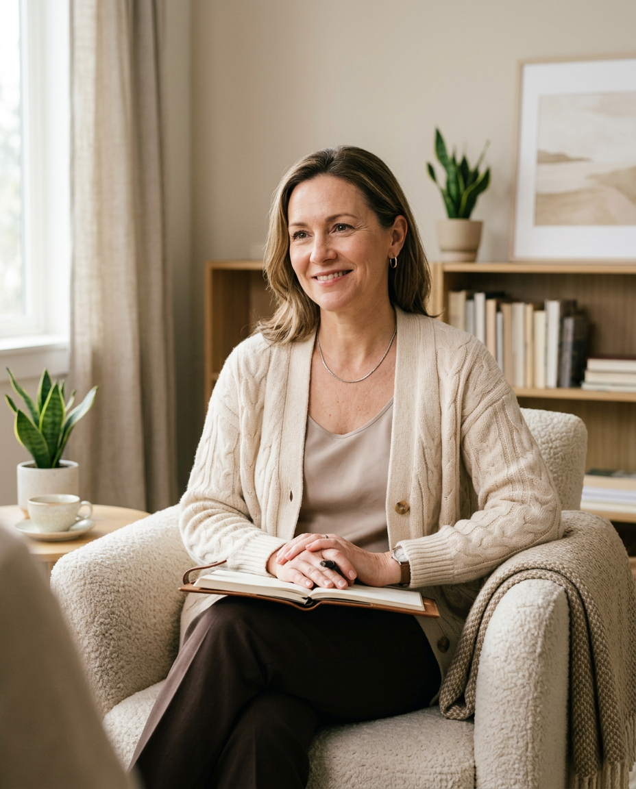A middle-aged woman with shoulder-length brown hair, smiling, sitting on a beige armchair in a cozy living room, holding a notebook, with a potted plant and books in the background.