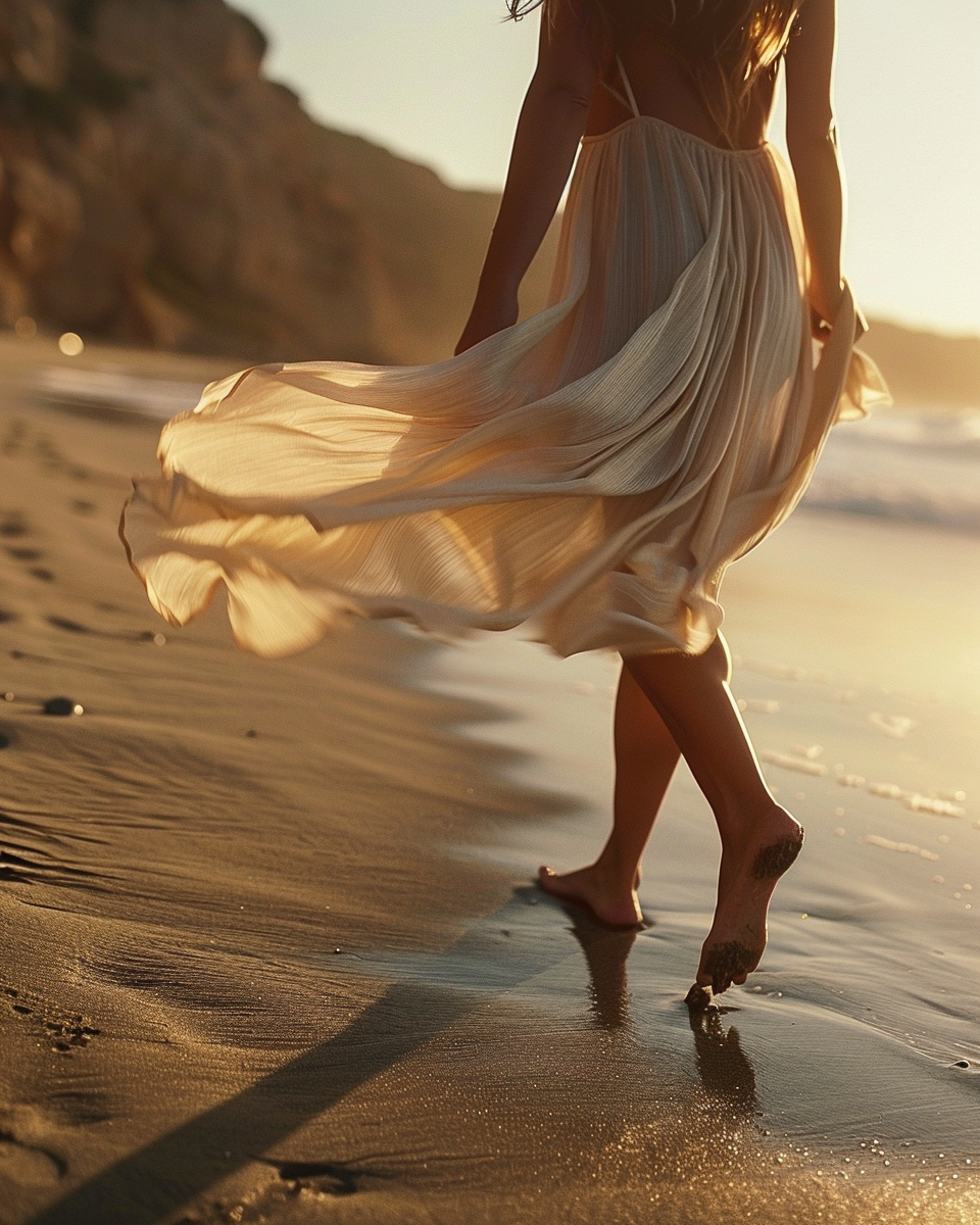 Person walking barefoot on the beach during sunset, wearing a flowing beige dress, with cliffs in the background.