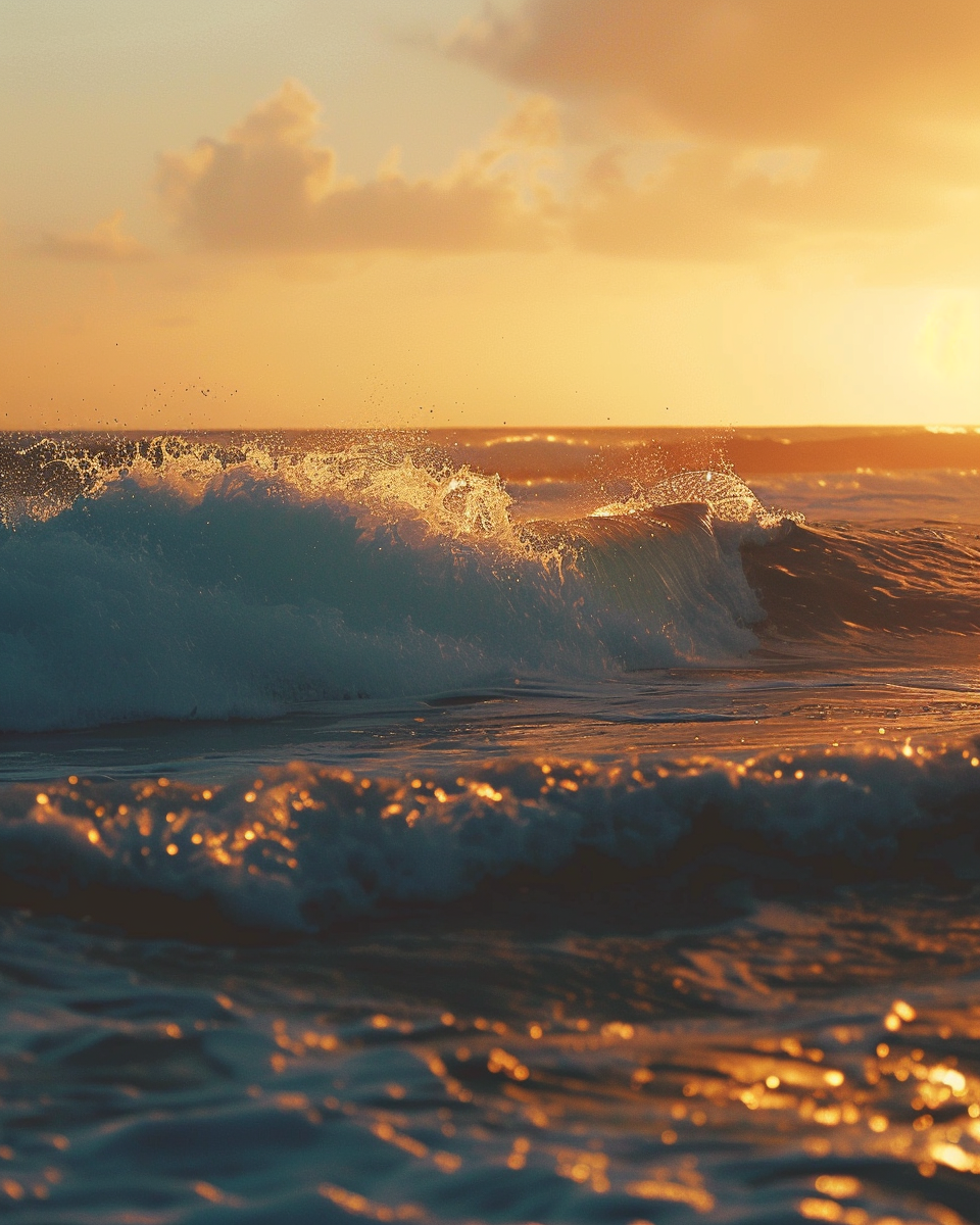 Ocean waves at sunset with golden light reflecting on the water, and clouds in the sky.