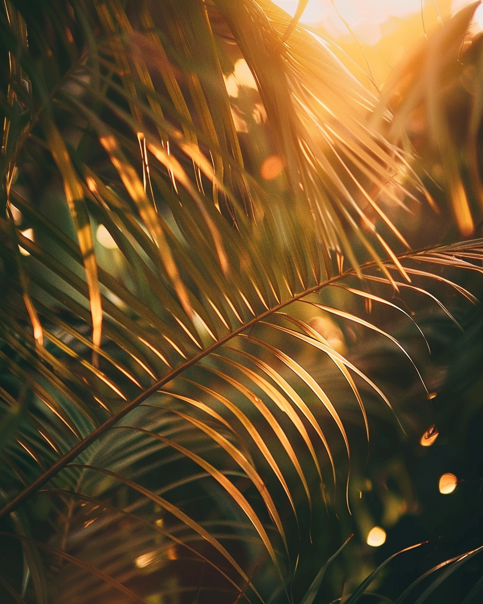 Sunlight shining through green palm leaves at sunset.