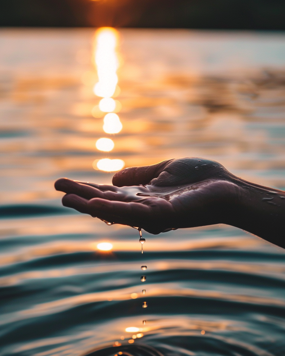 Hand reaching out over water at sunset with water droplets falling