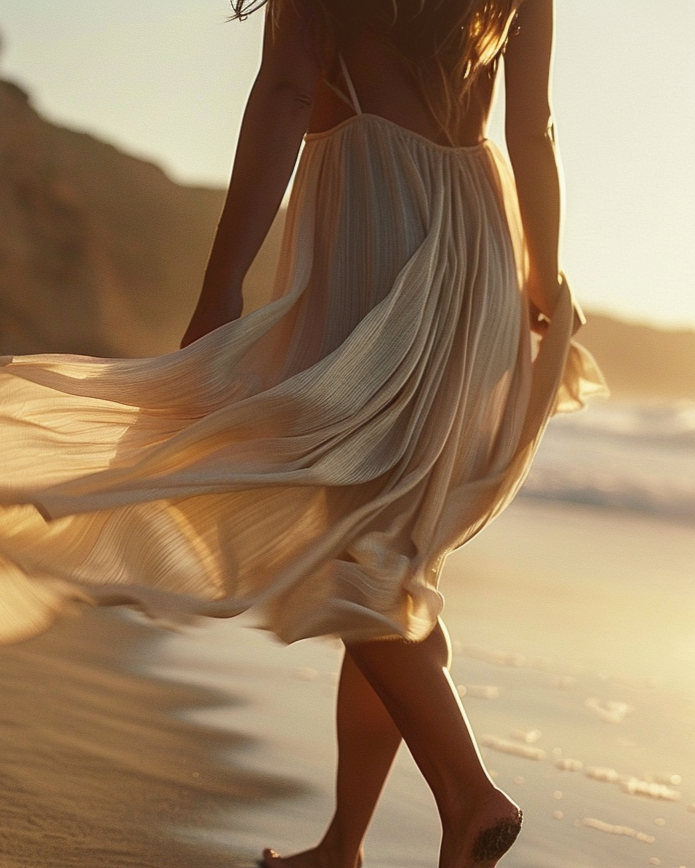A woman in a flowing beige skirt stands barefoot on the beach at sunset, with the ocean and cliffs in the background.