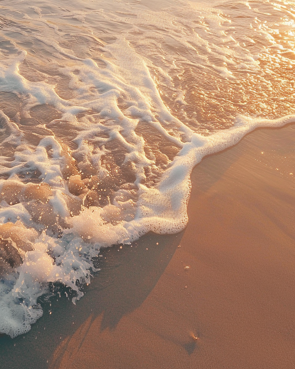 Gentle ocean wave washing onto sandy beach during sunset.