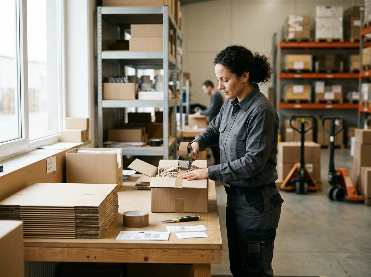 Woman packaging a cardboard box in a warehouse with shelves filled with boxes and packing supplies, and another person in the background.