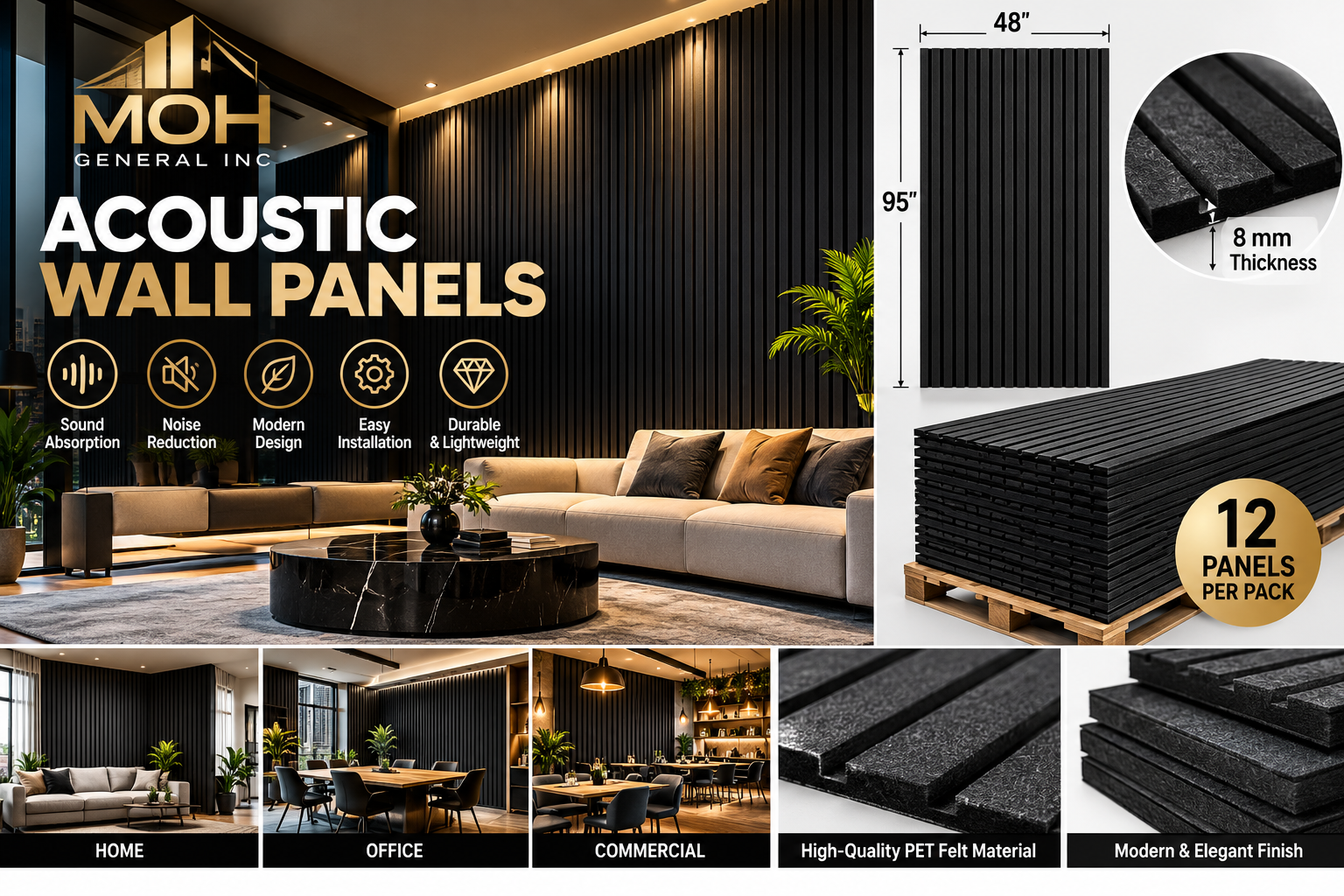 Black PET Acoustic Wall Panels – 8 mm (12-Pack)
