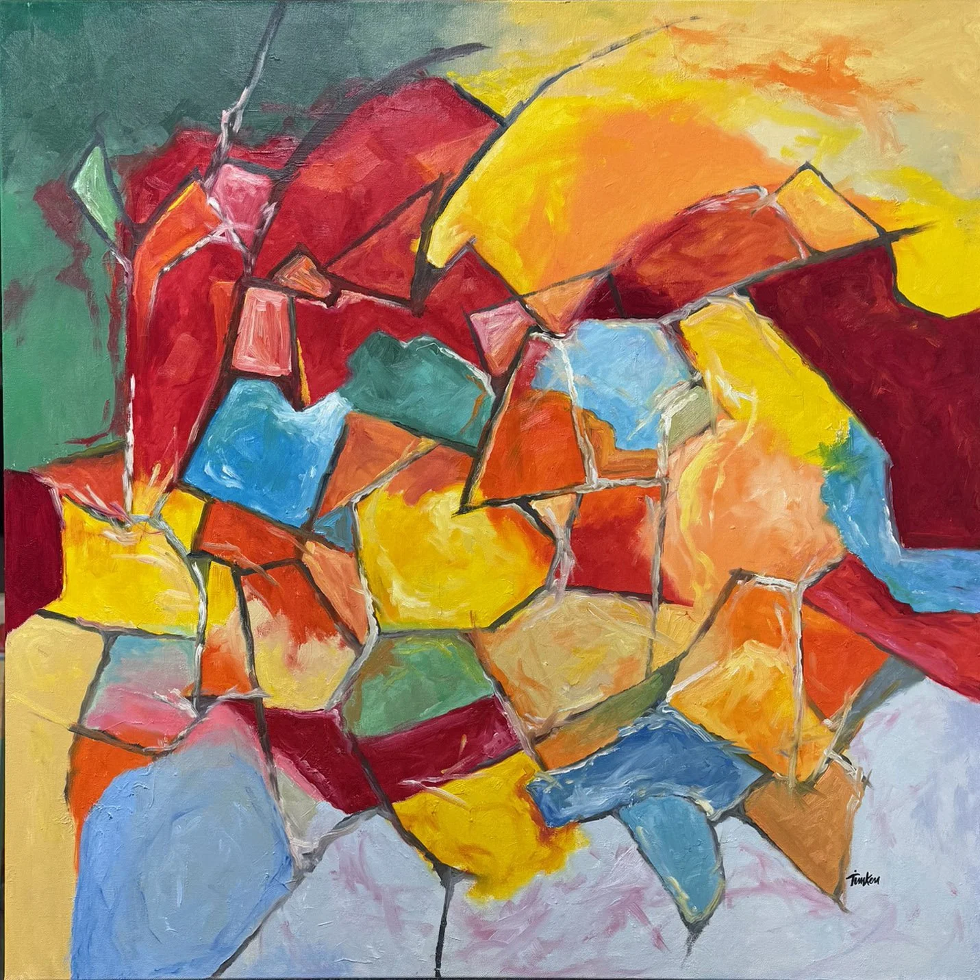 Timkenfineart - shows this action-packed shapes of red, golden yellows to light orange make up this original abstract in oil.