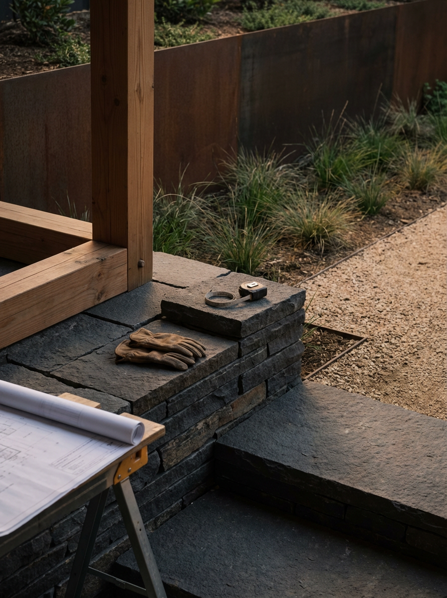 Construction site with a stone and wood structure, gloves, and measuring tape on the stone ledge, blueprint on a stand, and a landscaped garden in the background.