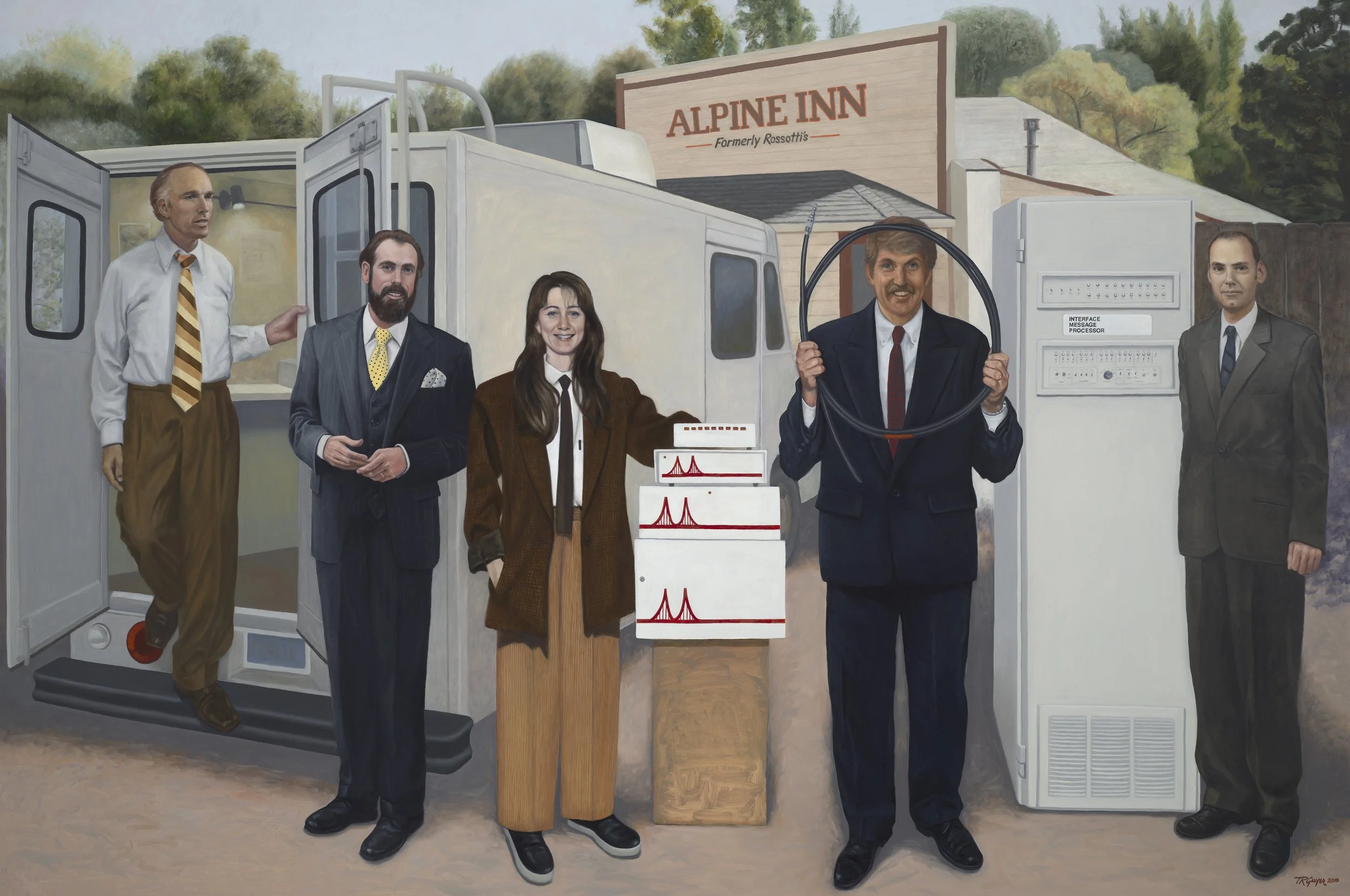 “Computer Networking and Internet Connectivity Pioneers of Silicon Valley” – Five Inventors – 72 x 108" oil on linen: 
(L to R) Don Nielson, Vint Cerf, Sandy Lerner, Robert Metcalfe, & Larry Roberts