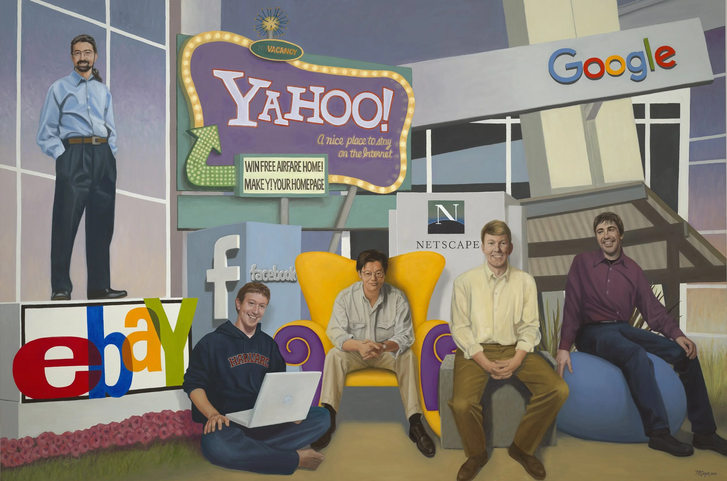 “Internet Commerce Pioneers of Silicon Valley”– Five Inventors – 72 x 108" oil on linen: 
(L to R) Pierre Omidyar, Mark Zuckerberg, Jerry Yang, Marc Andreessen, & Larry Page