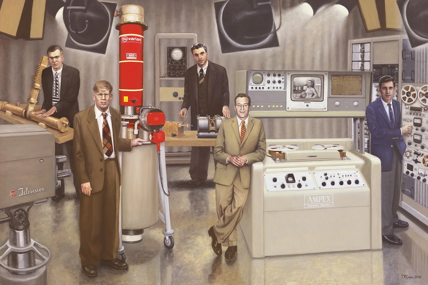 Post WWII Inventors – Five Inventors – 72 x 108" oil on linen: (L to R) William W. Hansen – traveling wave tube, Russell H. Varian – klystron, Felix Bloch – nuclear magnetic resonance imaging, Charles P. Ginsberg – video tape recorder, Ray Dolby – no