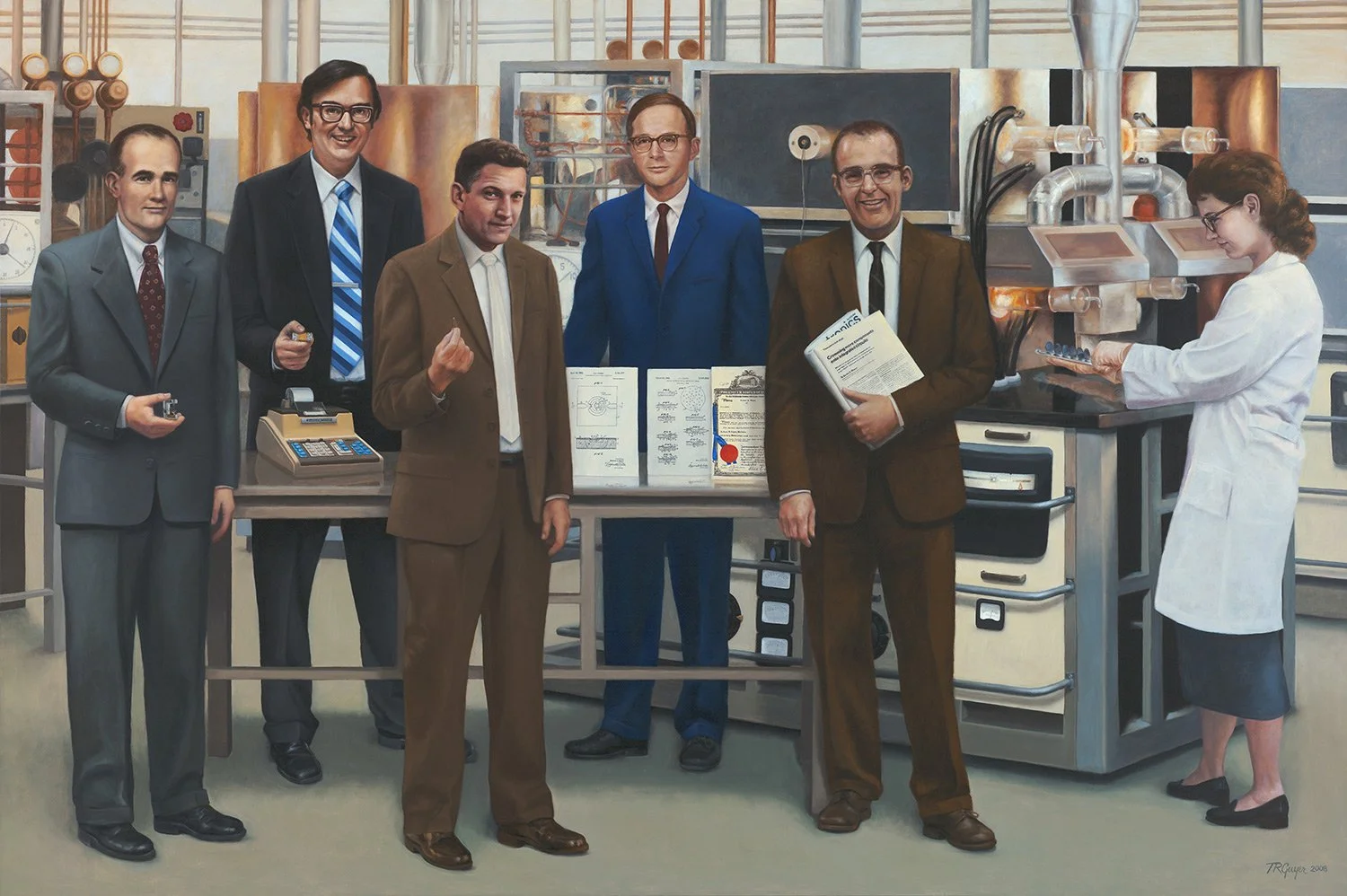 Semiconductors – Five Inventors – 72 x 108" oil on linen: 
(L to R) William Shockley – co-inventor transistor, Marcian E. (Ted) Hoff, Jr. – microprocessor, Robert N. Noyce – integrated circuit, Jean Hoerni – planar technology, Gordon Moore – Moore's 
