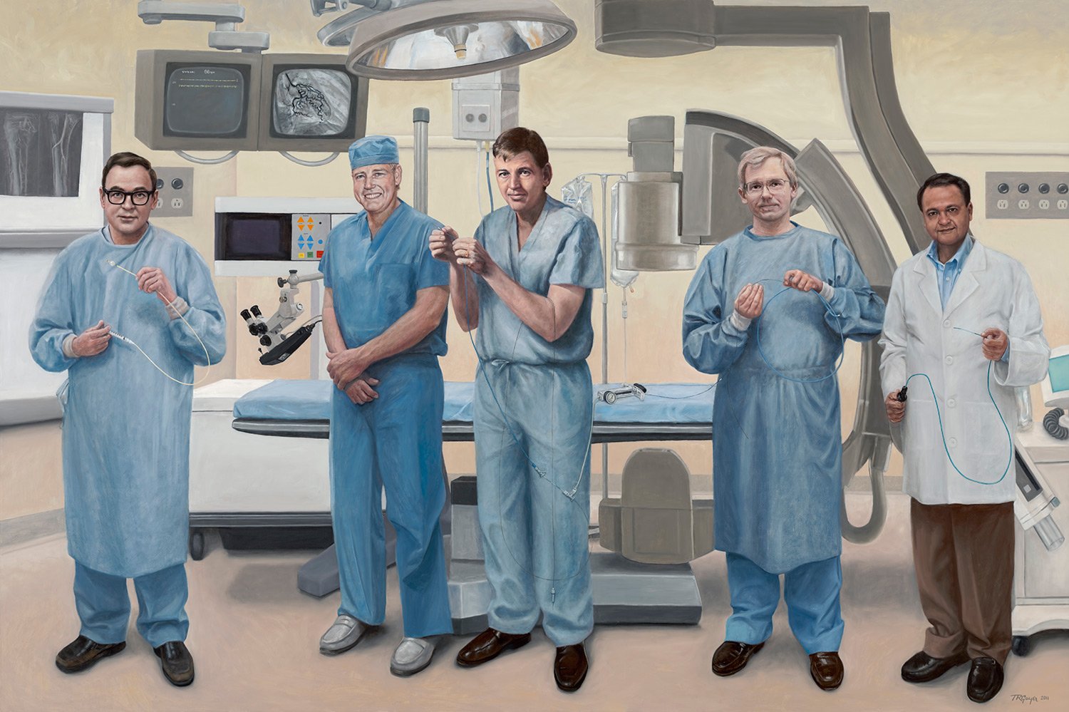 Medical Devices– Five Inventors – 72 x 108" oil on linen: (L to R) Thomas S. Fogarty – embolectomy balloon catheters, Rodney Perkins – LaserScope, John Simpson – angioplasty balloon slidaby mounted on guidewire, Paul Yock – rapid exchange angioplasty