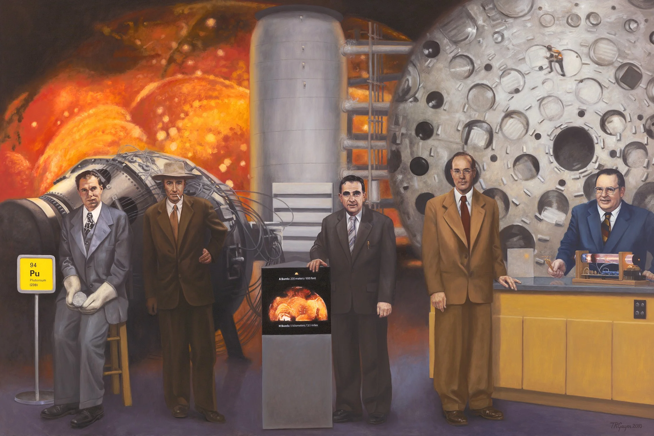Scientists – Five Inventors – 72 x 108" oil on linen:  (L to R) Glenn T. Seaborg – plutonium, Robert Oppenheimer – atom bomb, Edward Teller – hydrogen bomb, Charles H. Townes – co-inventor laser, Arthur Schawlow – co-inventor laser