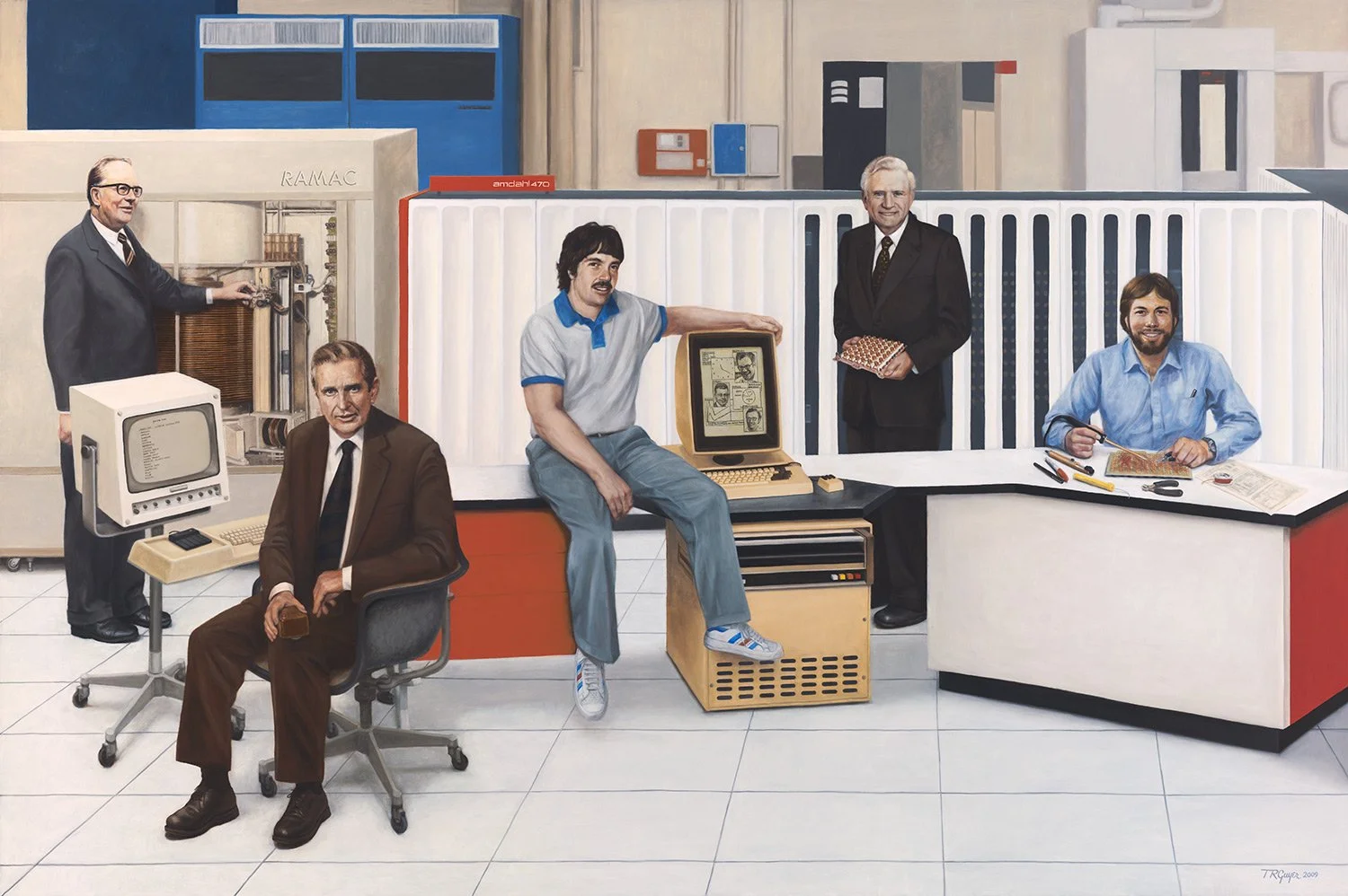 Computers – Five Inventors – 72 x 108" oil on linen: 
(L to R) Reynold Johnson – magnetic disc storage, Douglas Engelbart – interactive computing and mouse, Alan C. Kay – with GUI computer interface and Alto computer at PARC, Gene Amdahl – air-cooled