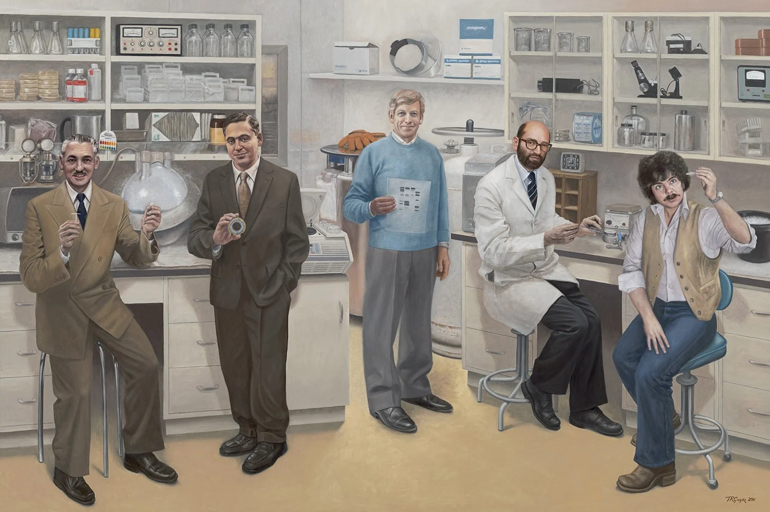 Biotechnology – Five Inventors – 72 x 108" oil on linen: 
(L to R) Alejandro Zaffaroni – drug delivery system, Carl Djerassi – birth control pill, William J. Rutter – Hepatitus B vaccine, Stanley N. Cohen – recombinant DNA, Herbert W. Boyer – recombi