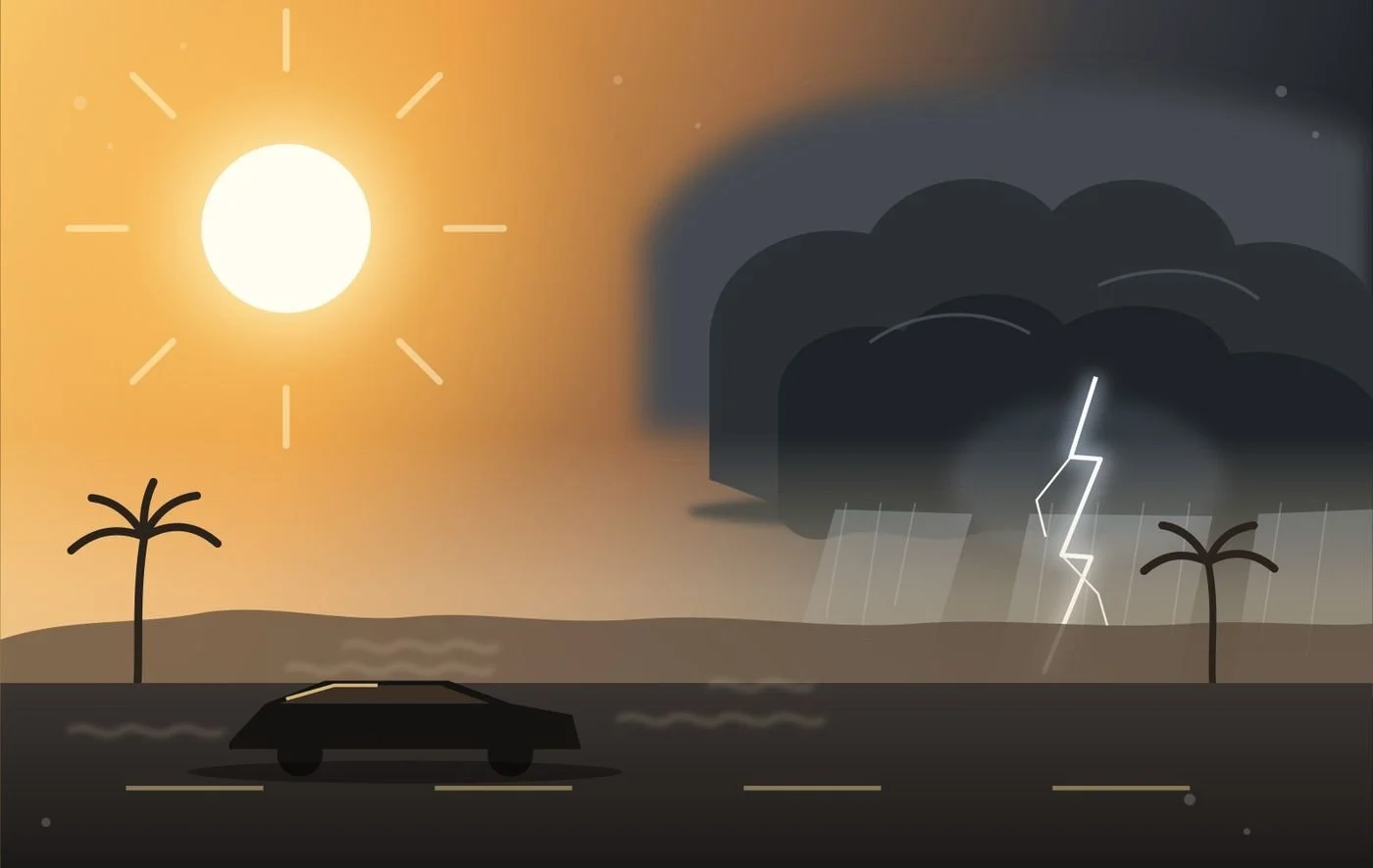 A cartoon illustration of a weather scene showing the sun shining on the left side and dark storm clouds with lightning on the right side. There are two palm trees and a dark vehicle on a road in the foreground.