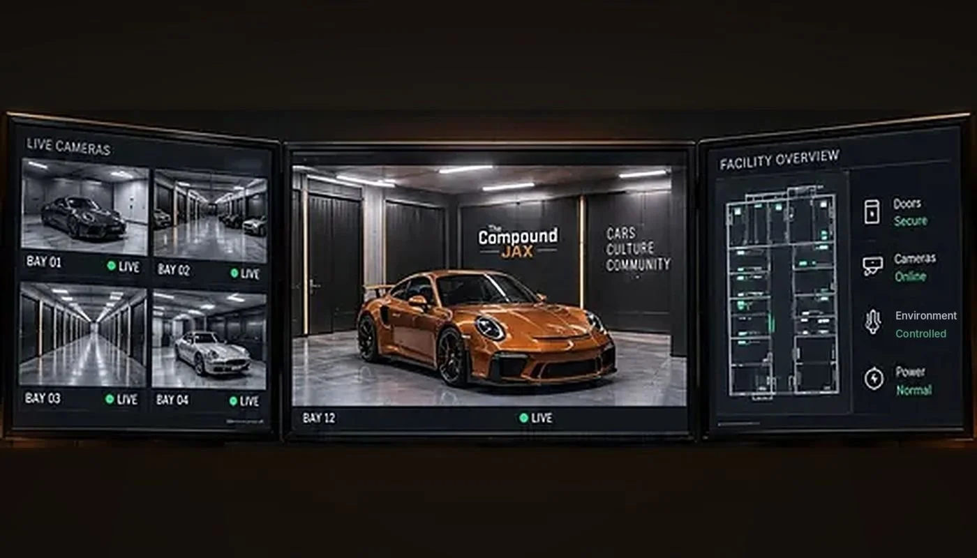 Security monitors showing multiple camera feeds of garage bays, with a central feed displaying an orange sports car in an indoor parking area, and a facility overview diagram on the right side.
