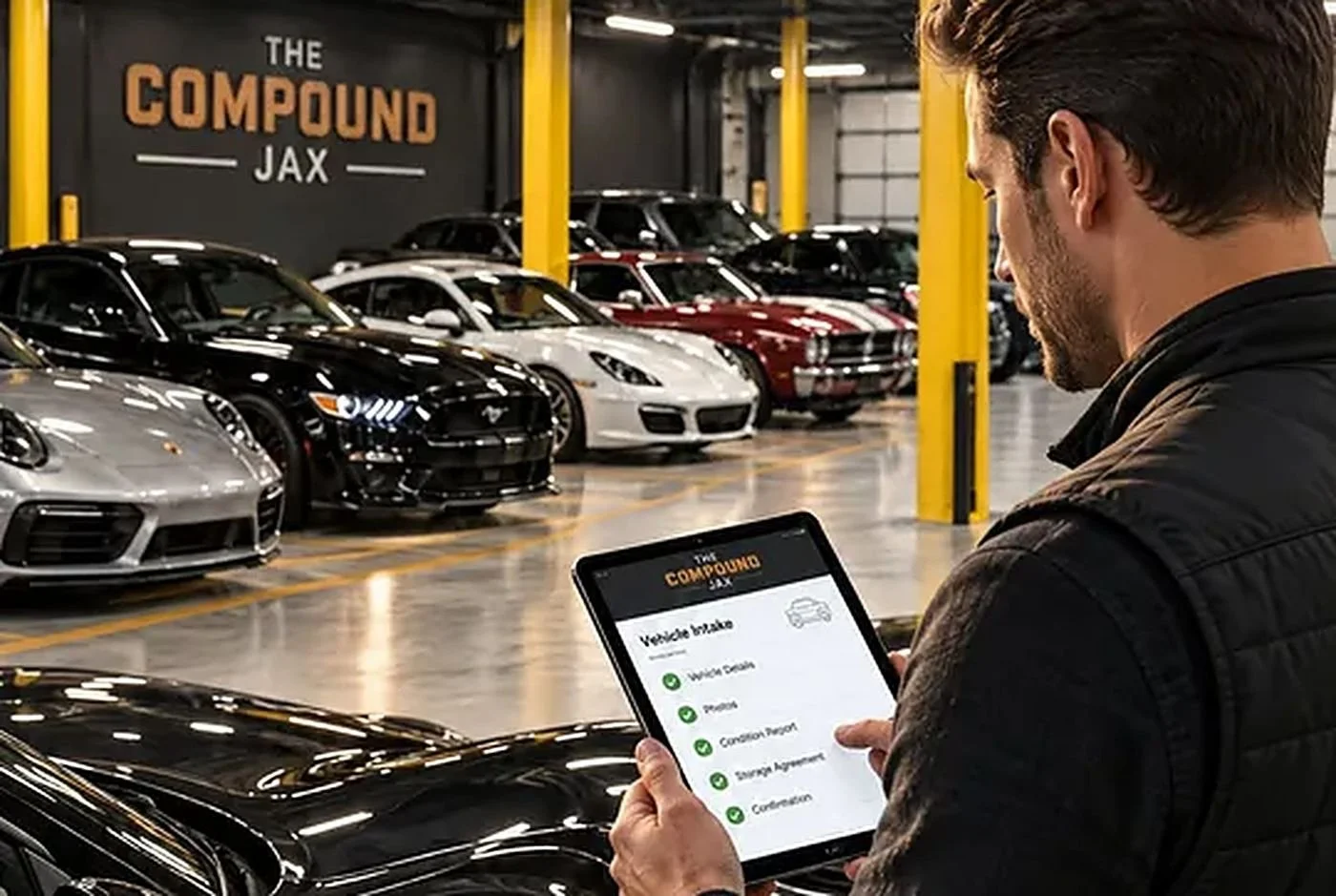 A man in a black jacket holding a tablet in a car storage lot, with a sign reading 'The Compound Jax' in the background, and multiple parked sports cars including a black Ford Mustang, a white convertible, and a red classic car.