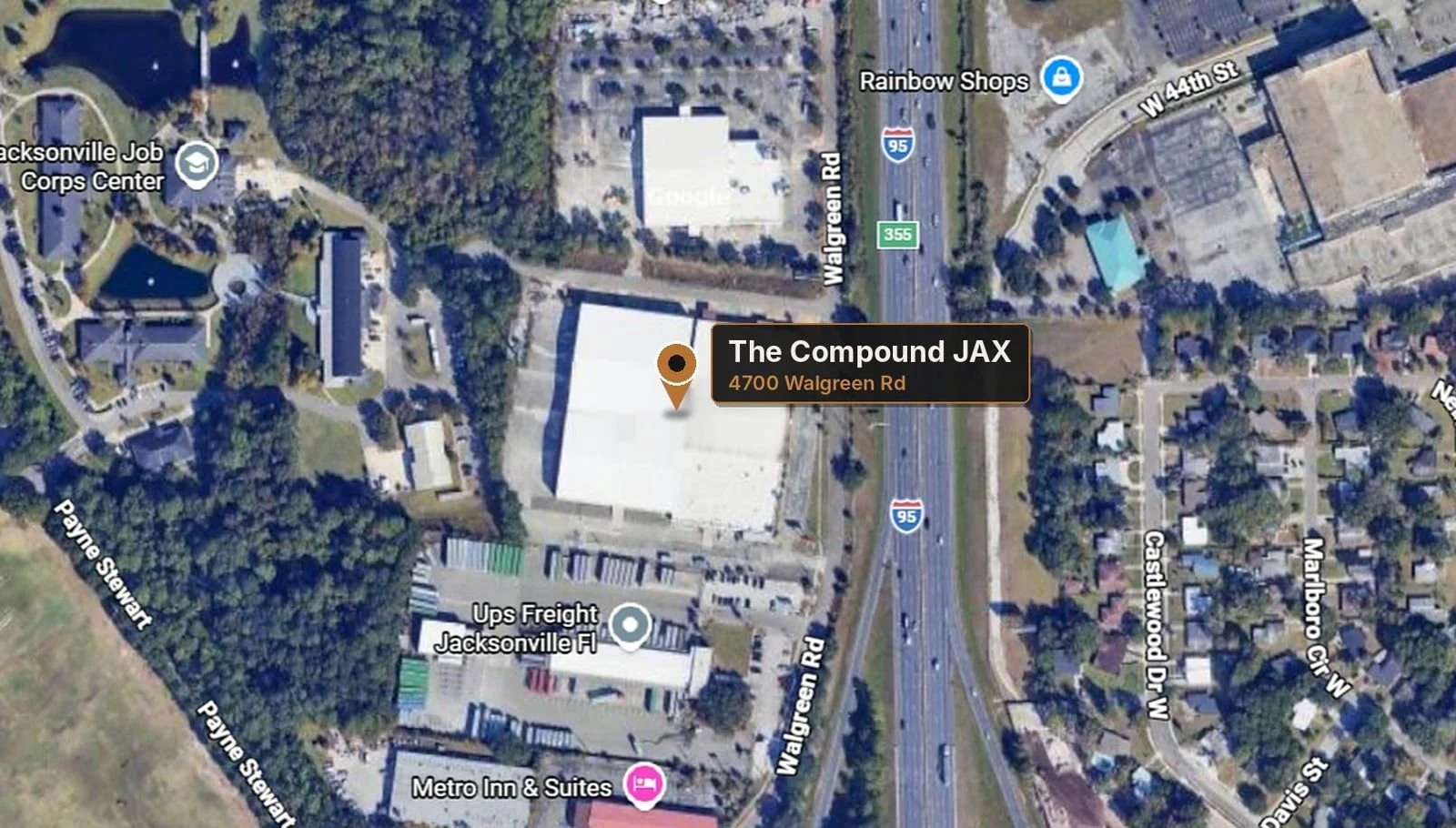 Satellite map view showing The Compound JAX at 4700 Walgreens Road, near Interstate 95, with nearby locations such as Walgreens, Jackson Jacksonville Freight, Metro Inn & Suites, and Jacksonville Job Corps Center. Streets visible include Walgreens Road, Payne Stewart Drive, Castlewood Drive West, and Davis Street.