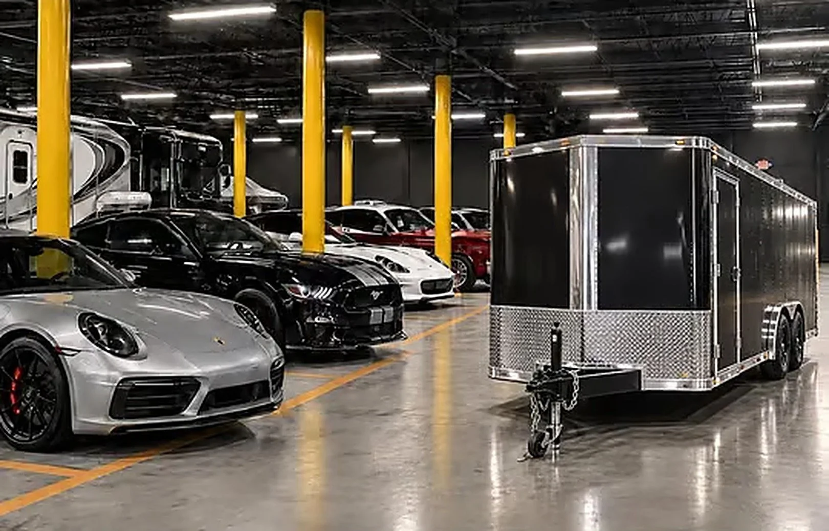 A parking garage with luxury cars, including a silver Porsche and a black Mustang, parked near a black enclosed trailer with a shiny chrome trim.
