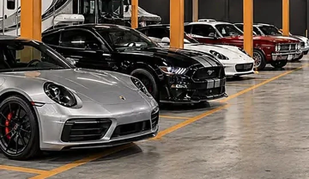 A row of high-end sports cars parked in an indoor parking garage, including a silver Porsche, black Ford Mustang, white and red BMW cars.
