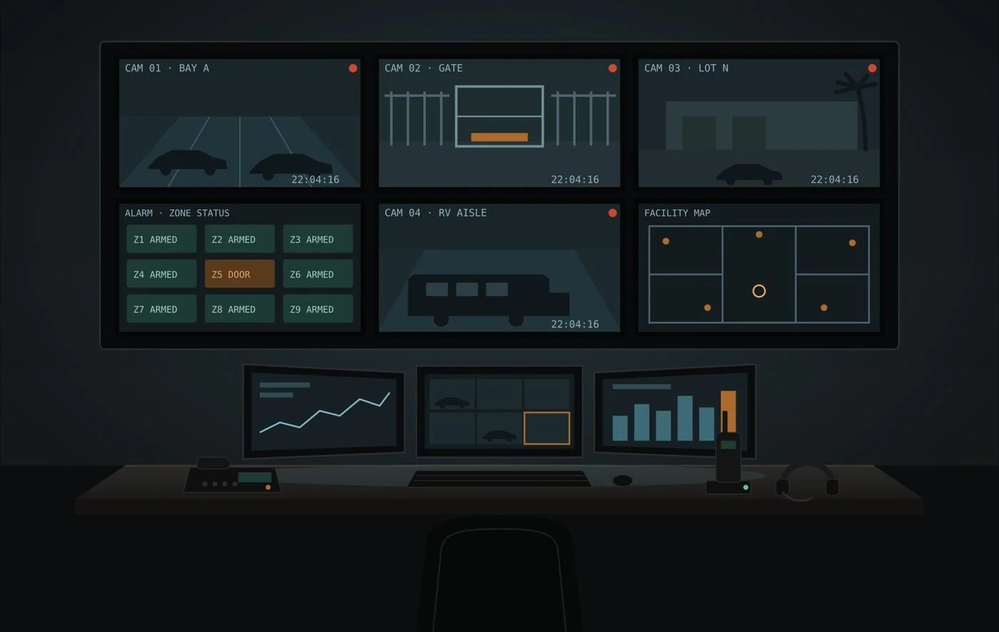 A security control room with multiple surveillance screens showing parking area, gate, lot, zone status, RV aisle, and facility map. Includes line graph, bar chart, and audio headset.