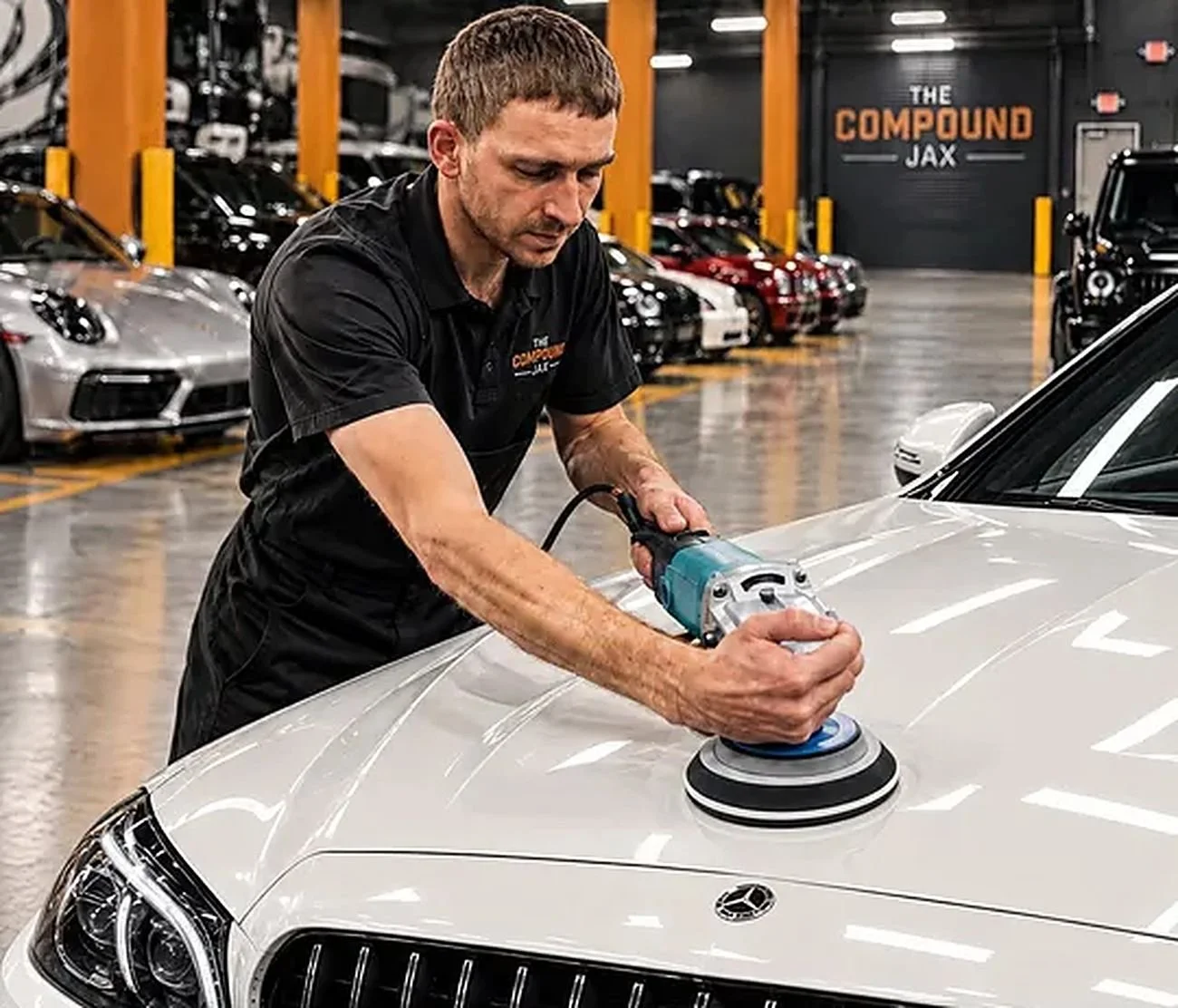A man polishing the hood of a white Mercedes-Benz car inside a car dealership or garage with multiple parked cars in the background.