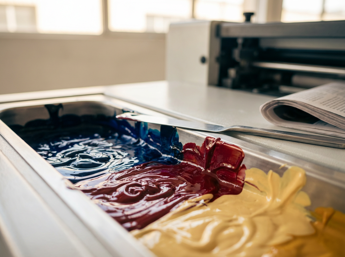A palette with red, blue, and yellow paint in an art classroom.