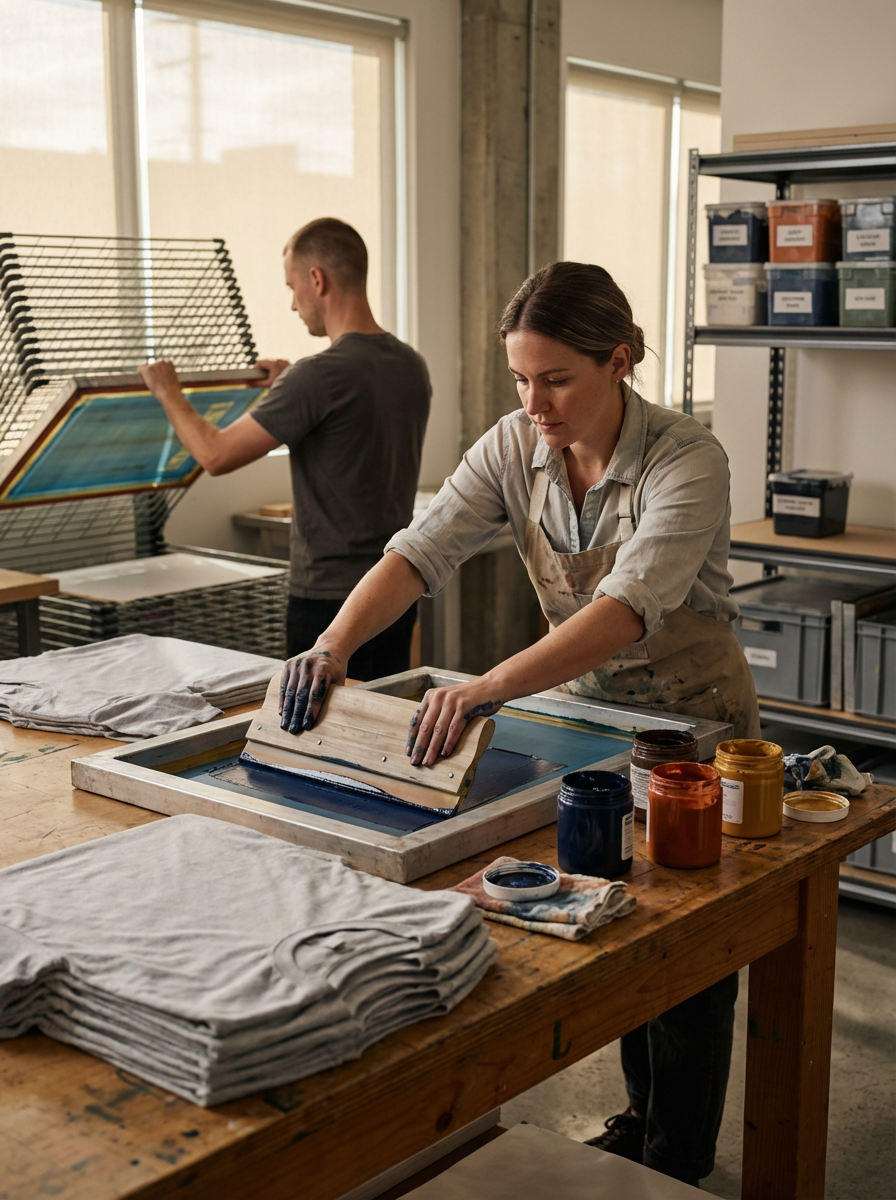Two people working in a screen printing workshop. A woman in the foreground is pressing a screen onto fabric, while a man in the background is handling a frame and a screen.