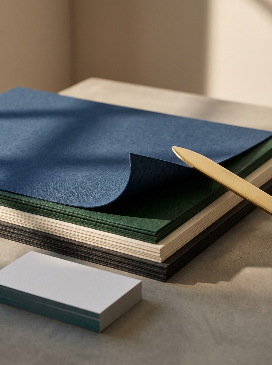 Stack of colored paper, a gold pen resting on top, and a stack of small white notes on a light-colored surface.