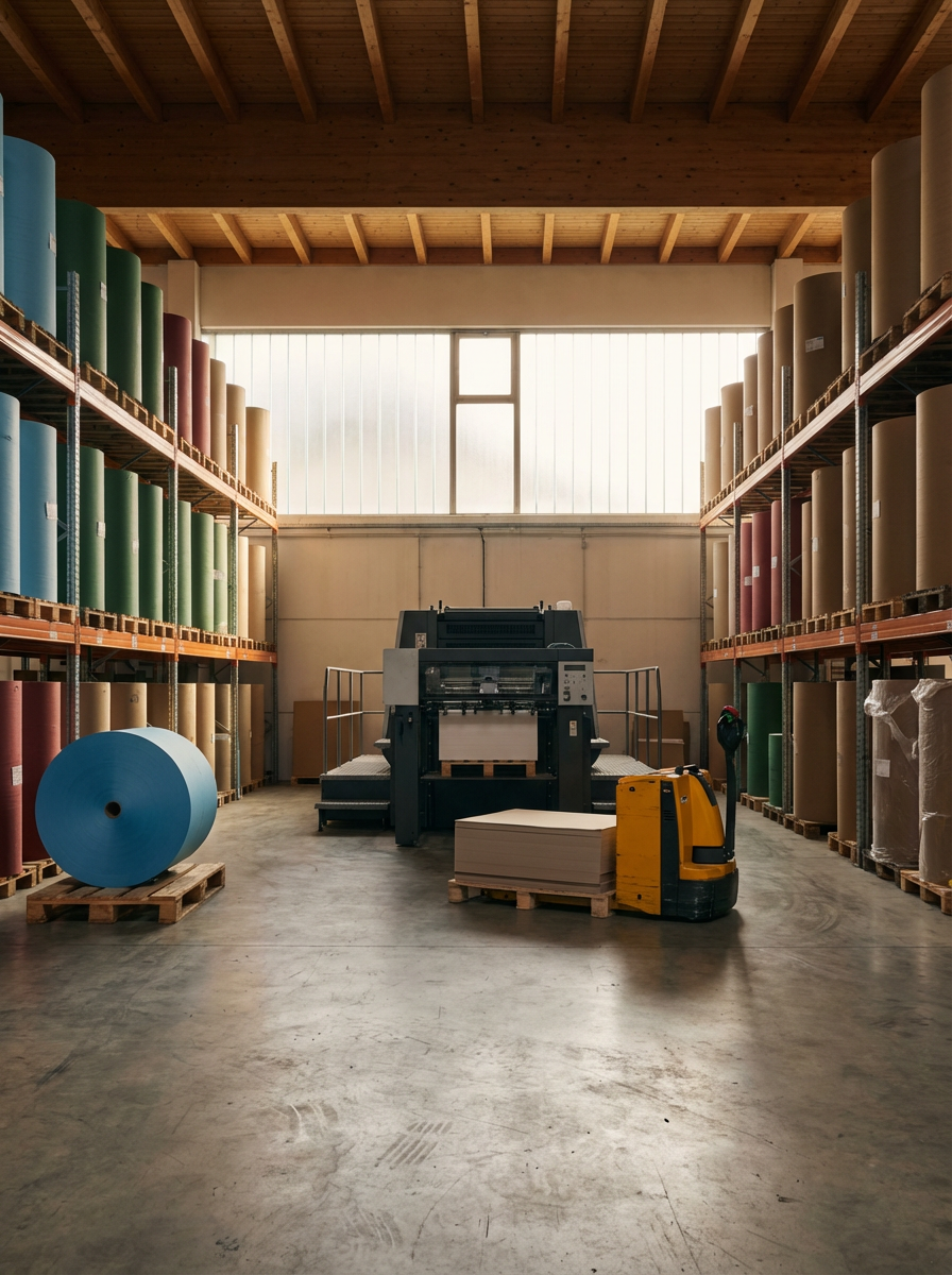 Warehouse with large rolls of colored paper or fabric on metal shelves, a printing or cutting machine in the center, and a yellow pallet jack with paper stacks on it.