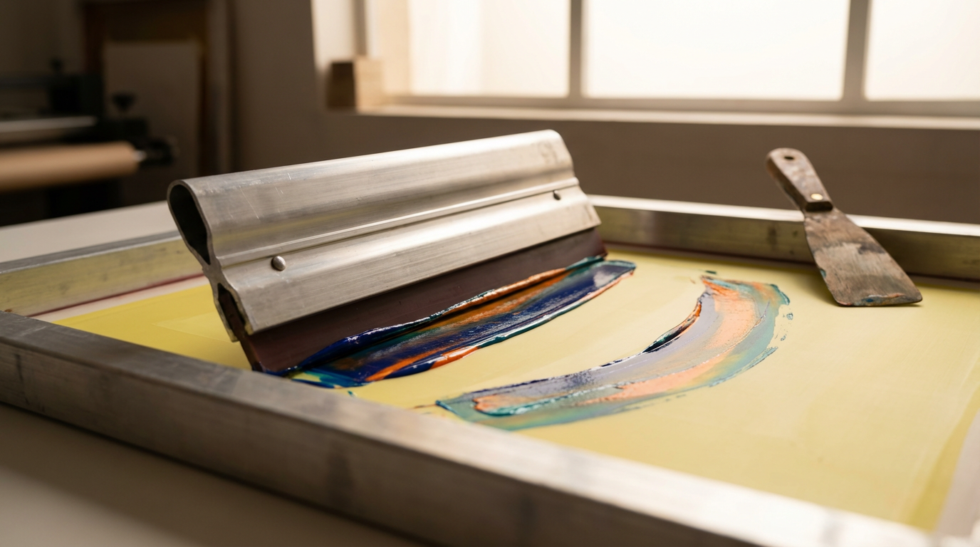 Screen printing frame with a colorful abstract design on a yellow background.