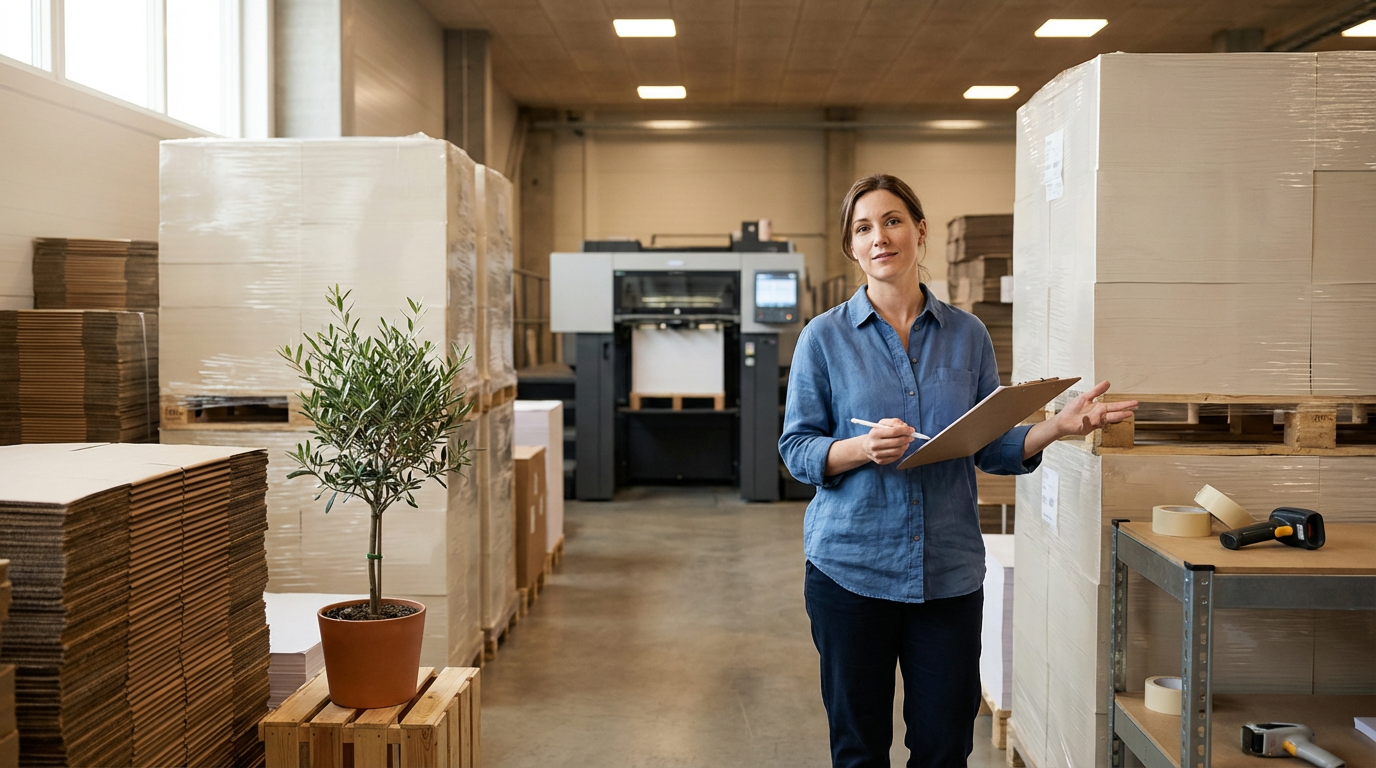 A woman standing in a warehouse surrounded by stacks of cardboard boxes, holding a clipboard and a pen, with a large printing machine in the background.