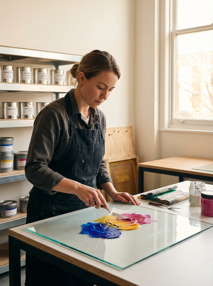 Woman in black apron working with colorful paint on glass in bright studio
