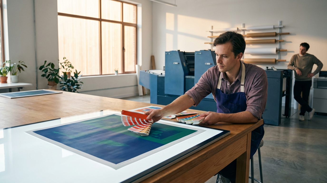 A man in a workshop is holding a color sample fan and examining a print on an illuminated table. A second man stands in the background near machinery and wooden shelves.