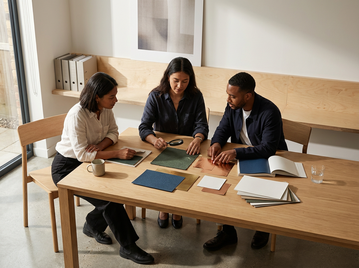 Three people sitting at a wooden table examining fabric and color samples, with one person holding a magnifying glass, in a bright room with a large window and minimal decor.