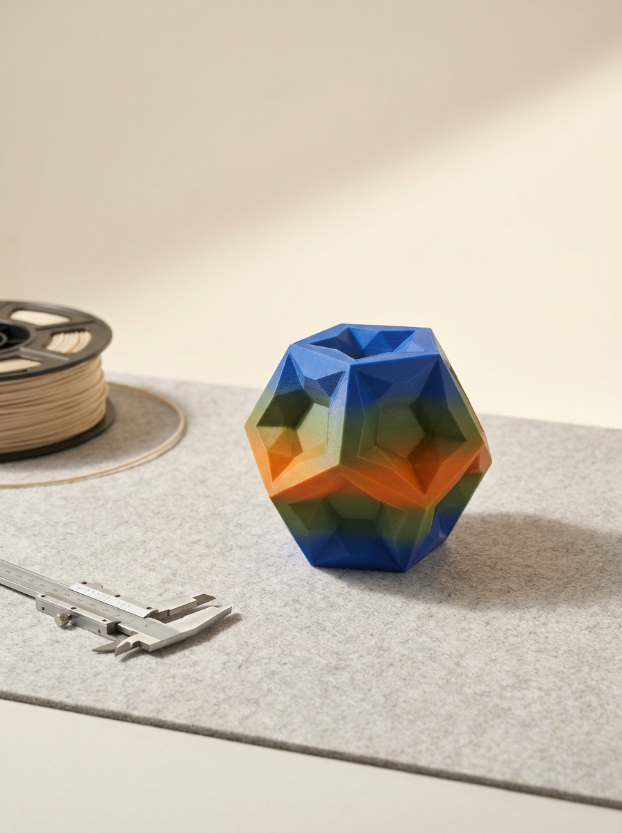 Colorful geometric ceramic vase on a light gray surface, with a spool of beige filament and a metallic caliper nearby.