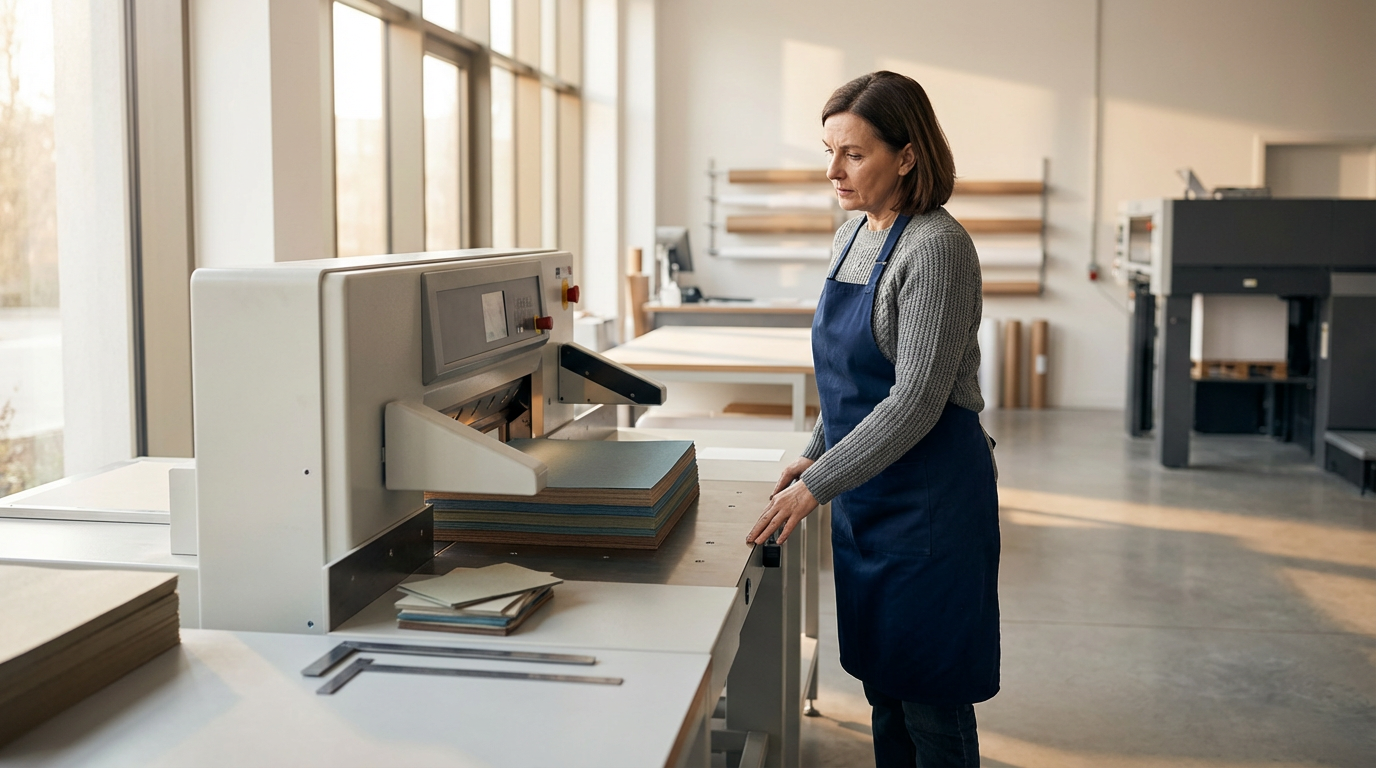 A woman wearing a gray sweater and blue apron working with a paper or cardboard cutting machine in a well-lit workshop or factory.