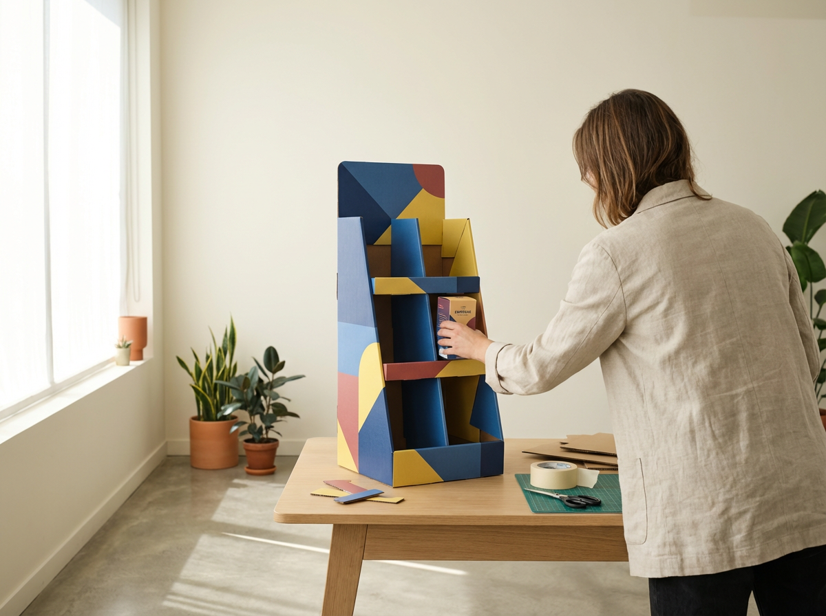 A woman in a beige blazer arranging colorful cardboard display shelves on a wooden table in a bright room with potted plants.